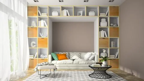 Interior of modern design room with shelf wall 3D rendering Stock Illustration