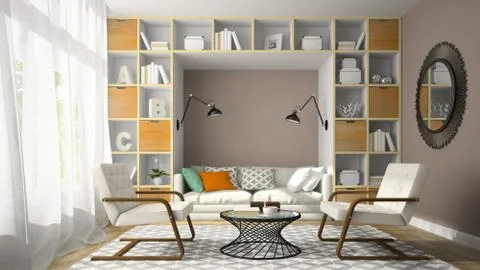 Interior of modern design room with two white armchair 3D rendering Stock Illustration