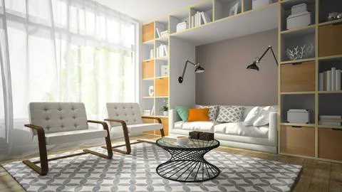 Interior of modern design room with two white armchair 3D rendering 2 Stock Illustration