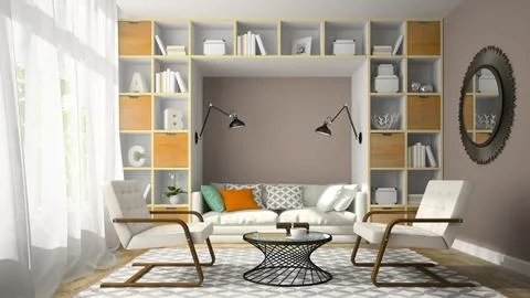 Interior of modern design room with two white armchair 3D rendering Ilustração Stock
