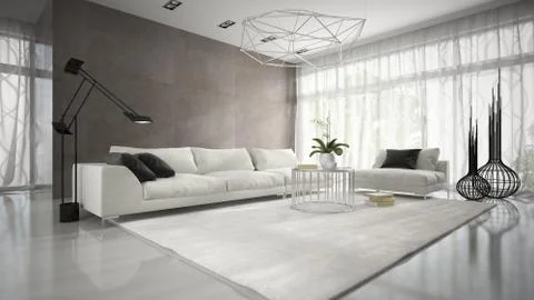 Interior of modern design room with white couch 3D rendering Stock Illustration