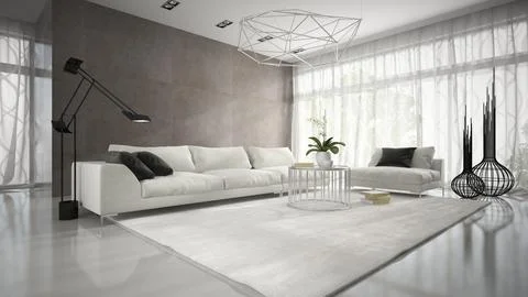 Interior of modern design room with white couch 3D rendering イラスト素材