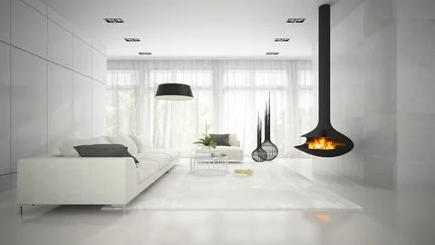 Interior of modern design white room with fireplace 3D rendering Stock Illustration
