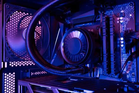 Interior of a modern desktop computer with liquid cooled processor, motherb.. Stock Photos