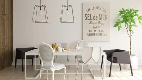Interior of modern dining room 3D rendering Stock Photos