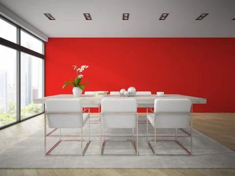 Interior of modern dining room with red wall 3D rendering Stock Illustration