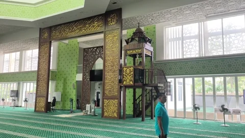 Interior of Modern Eco Friendly Raja Haji Fisabilillah Mosque Cyberjaya Stock Footage 346277995