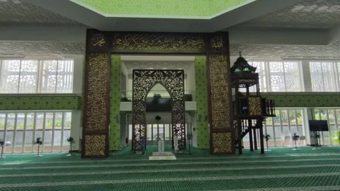 Interior of Modern Eco Friendly Raja Haji Fisabilillah Mosque Cyberjaya Stock Footage 346278137