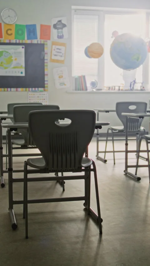 Interior of Modern Empty Elementary School Classroom with Desks for Students Stock Footage 315533479