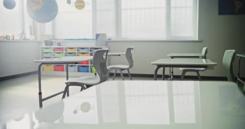 Interior of Modern Empty Elementary School Classroom with Desks for Students Stock Footage 315535261