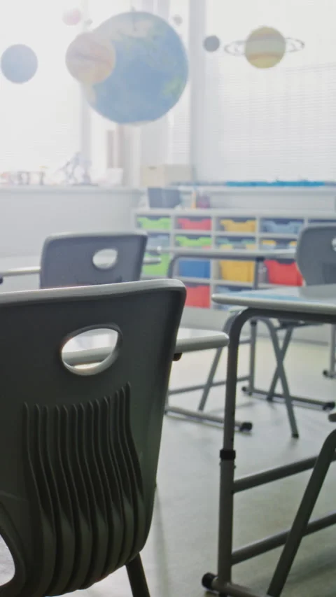 Interior of Modern Empty Elementary School Classroom with Desks, Chalkboard Stock Footage 315537349