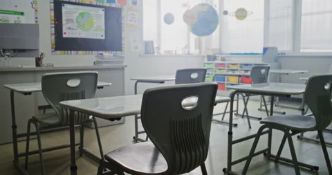 Interior of Modern Empty Elementary School Classroom with Desks, Chalkboard Stock Footage 315537398