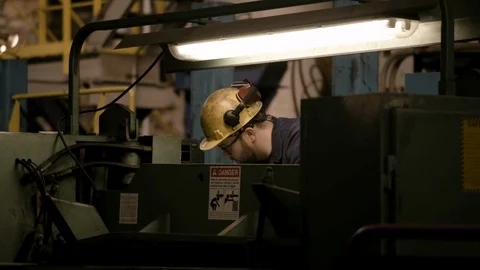 Interior Modern Factory Man at Lathe Stock Footage 89944581