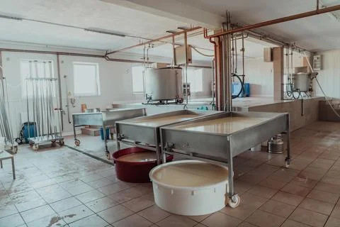 The interior of a modern factory for the processing of dairy products and the Stock Photos