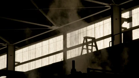 Interior Modern Factory - Silhouette - Windows Ladder Steam Stock Footage 89944378