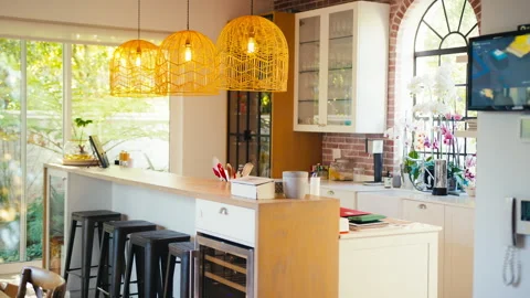 Interior Of Modern Home With Kitchen Area Counter And Security System Stock Footage 242504410