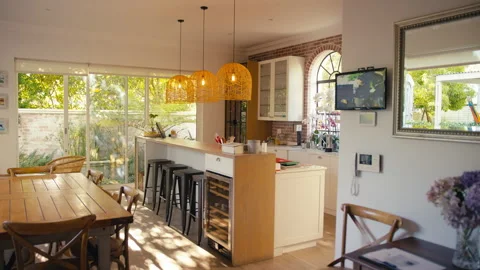 Interior Of Modern Home With Kitchen Area Counter And Security System Stock Footage 242505014