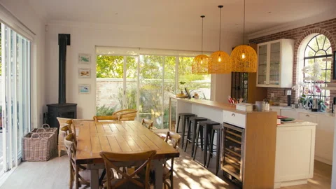 Interior Of Modern Home With Kitchen Area Counter And Security System Stock Footage 242524418