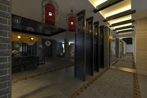 Interior Modern Hotel Corridor 3D Illustration Stock Illustration
