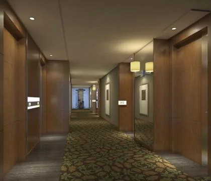 Interior Modern Hotel Corridor 3D Illustration Stock Illustration