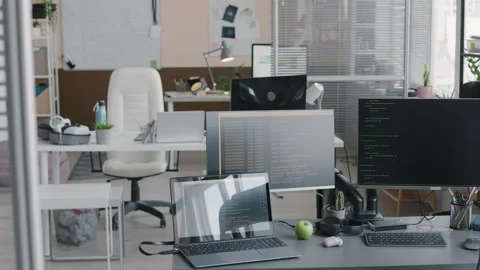 Interior of Modern IT Office with Codes on Computer Monitors Stock Footage 276201887