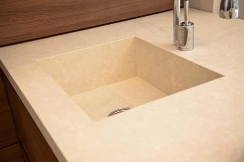 Interior of modern kitchen and ceramic sink and tap Foto stock