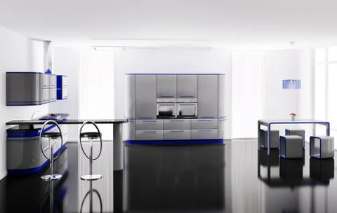 Interior of modern kitchen with bar table and stools 3d Stock Illustration