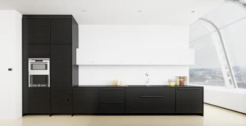 Interior of a modern kitchen with black cabinets and built in appliance. Stock Illustration