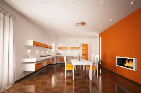 Interior of modern kitchen with fireplace 3d render Stock Illustration