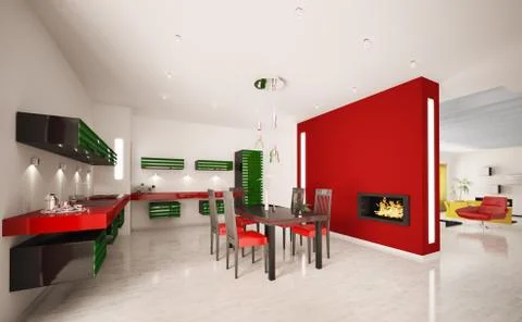 Interior of modern kitchen with fireplace 3d render Stock Illustration