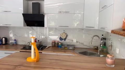 Interior of a modern kitchen with a sink and countertop Foto stock