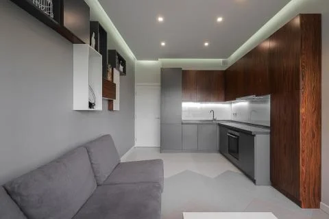 Interior of a modern kitchen in the studio flat room in grey color Stock Photos
