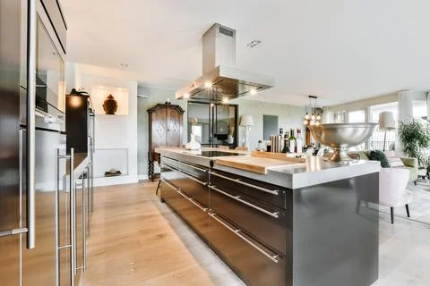 Interior of modern kitchen with windows Fotos de archivo