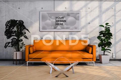 Interior of modern living room with blank picture. 3d render PSD Template