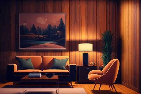 Interior of a modern living room in the evening, with a wood panel wall with a Stock Illustration