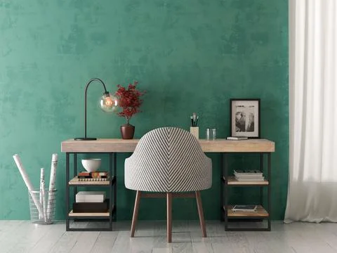 Interior of modern living room with table 3D rendering Stock Illustration