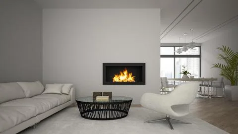 Interior of modern loft with fireplace and white sofa 3D rendering イラスト素材