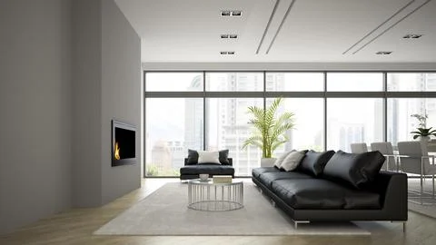 Interior of modern loft with fireplace and black sofa 3D rendering イラスト素材