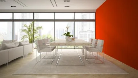 Interior of modern  loft with red wall 3D rendering Stock Illustration