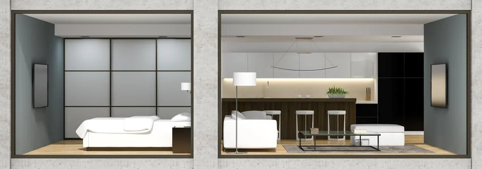 Interior of the modern loft view from outside 3D rendering Stock Photos