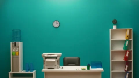 Interior of a modern office in blue tones with a printer on the desktop. The Video stock 243167746