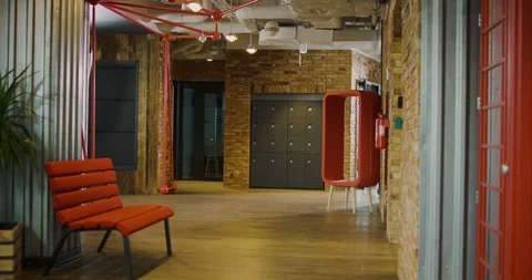 Interior of Modern Office - Corridor - Wide Dolly Shot Stock Footage 129028565