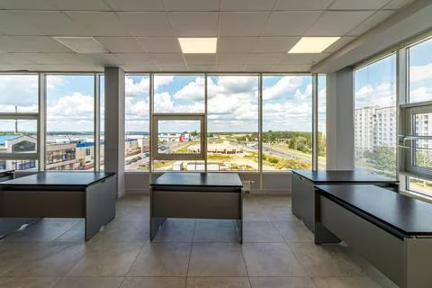 Interior of a modern office with huge panoramic windows, after renovation Stock-Fotos
