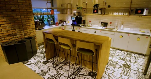 Interior of Modern Office - Kitchen - Wide Shot Stock Footage 129034149