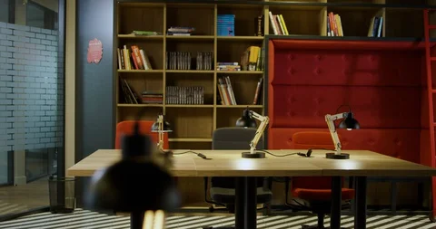 Interior of Modern Office - Library - Wide Dolly Shot Stock-Footage 129032265