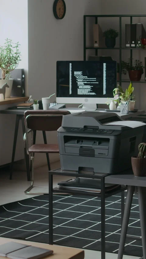 Interior of Modern Office with Printer, Computer and Plants Stock Footage 306742991
