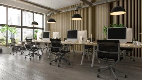 Interior of modern office room 3D rendering Stock Illustration