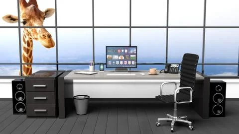 Interior of a modern office with window and funny girafe Stock Illustration