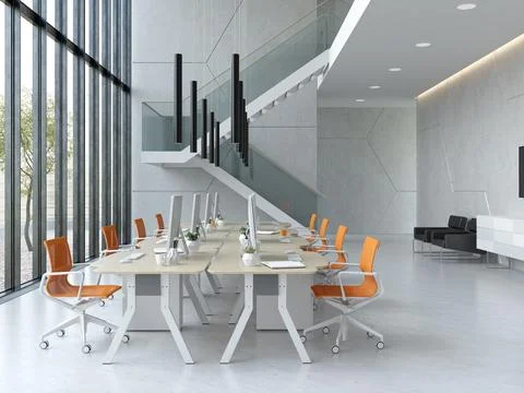 Interior modern open space office 3D illustration Stock Illustration