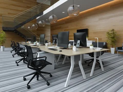 Interior modern open space office 3D illustration Stock Illustration